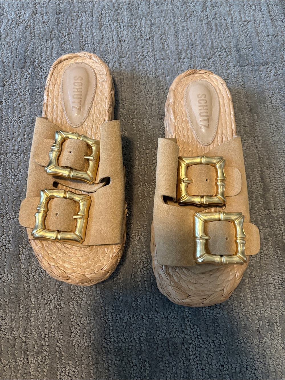 SCHUTZ Women’s Tan Sandals with Gold Buckle Accents, Raffia around base of shoe.